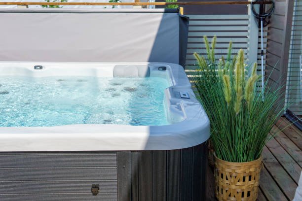 Luxurious hot tub on the backyard terrace.